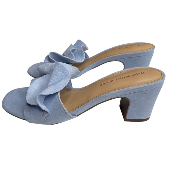 new Who What Wear ꧁ Zadie Ruffled Mule Heels Slide In Sandals ꧂ Blue Vegan Suede - Picture 10 of 16